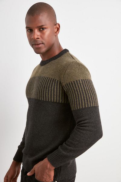 Trendyol Collection Πλεκτό πουλόβερ Color Block Khaki - Crew Neck, Slim Fit TMNAW20KZ1503
