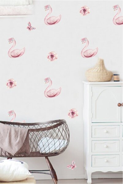 Duende Sticker - Pembe Kuğu Ve Mini Şakayıklar Duvar Stickerı