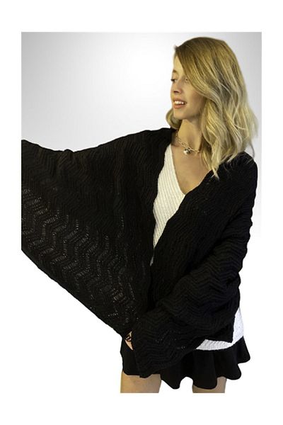 Ocean Black Zigzag Patterned Knitwear Knitted Shoulder Shawl