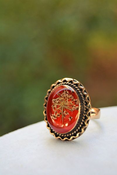 Stoneage Red Dried Flower Patterned Adjustable Women's Ring