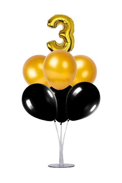 kidspartim 7 Piece Balloon Stand Bunch 3 Years Old Gold Black Balloon