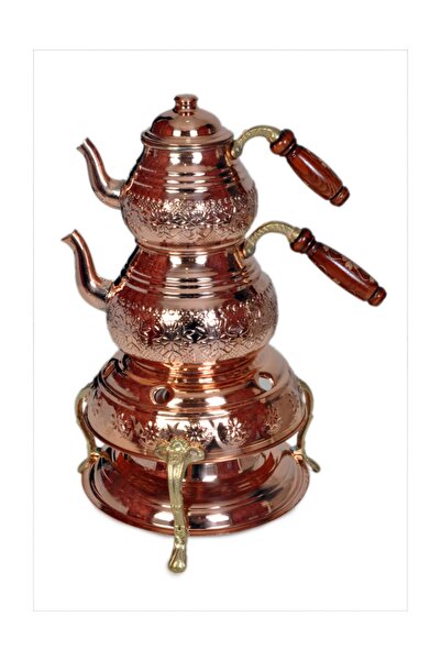 DERYA Balkon Sefası Ocaklı Bakır Çaydanlık Takımı Büyük Boy 4-5 Kişilik
