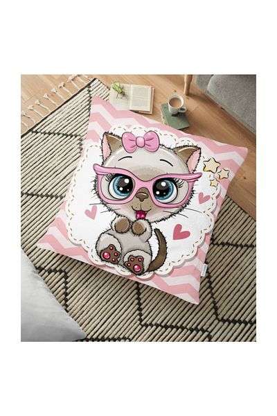 Realhomes Pernă decorativă de podea cu model de pisicuță drăguță și fundal roz - 70 X 70 Cm