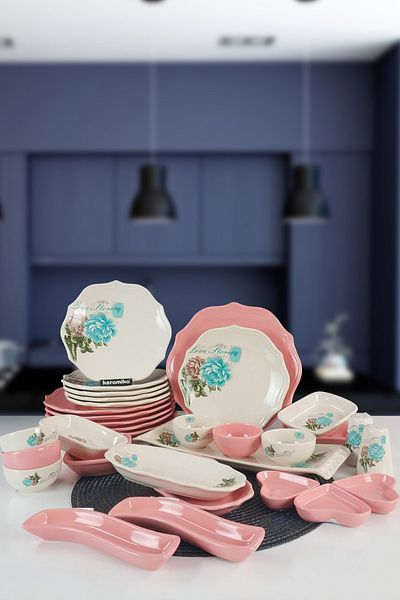 Keramika Turquoise Rose 32 Pieces Breakfast Set for 6 People Pink