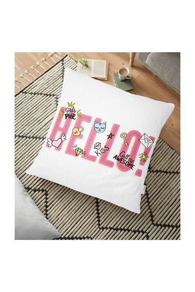 Realhomes Pernă de podea cu imprimare digitală cu model Hello Text Design Special - 70 X 70 Cm