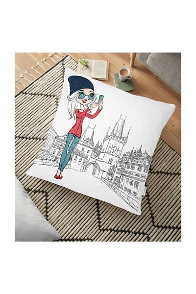 Realhomes Digital Printed Floor Cushion with Roma Fashion Girl Design on White Background - 70 X 70 cm