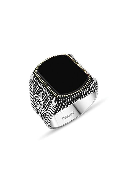 Tesbihane Tuğra İşlemeli Kare Oniks Taşlı 925 Ayar Gümüş Erkek Yüzük 65020096