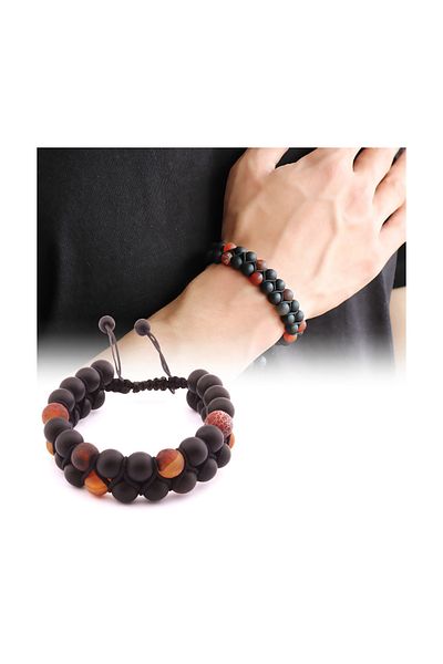 Tesbihane Macrame Knit Double Row Sphere Cut Onyx-Agate Natural Stone Bracelet 104000402