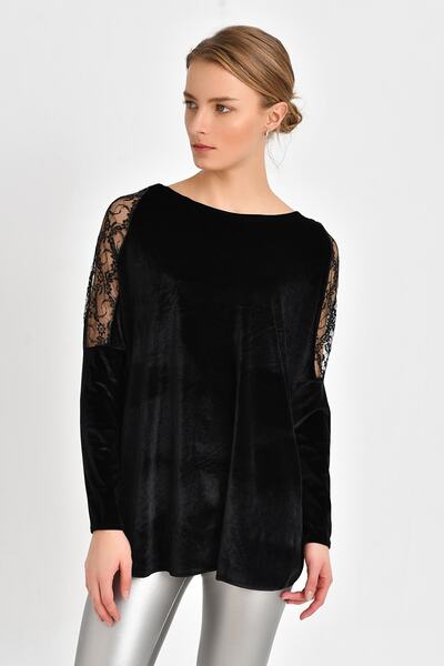 Quincey Βελούδινη μπλούζα με λεπτομέρεια ώμου Μαύρη BDM2521