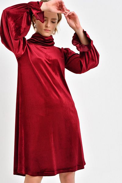 Quincey Βελούδινο φόρεμα με λεπτομερή μανίκια Claret Red EBT2735