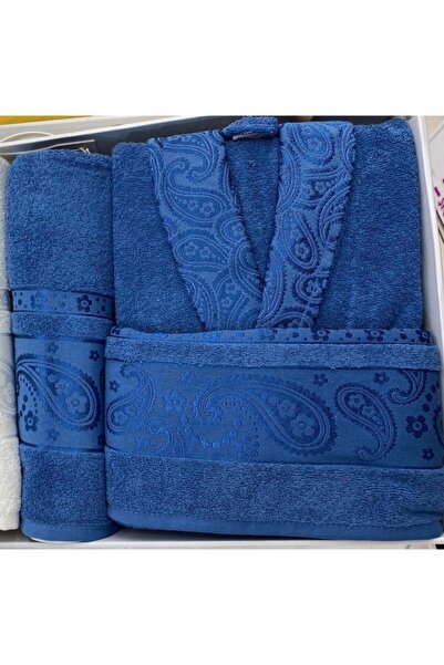 Fiesta %100 Pamuk Jakarlı Tek Kişilik 3 Parça Bornoz Takımı Lacivert