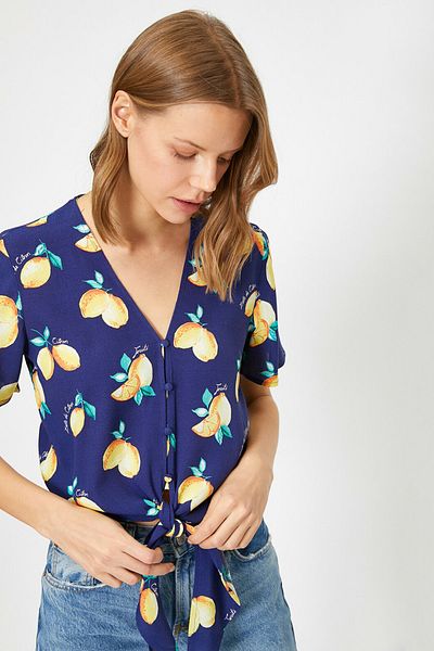 Koton Women's Navy Blue Patterned Shirt