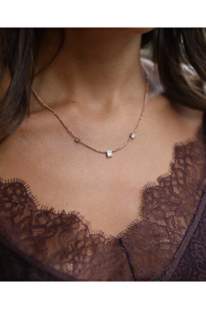 Reis Kuyumculuk Kadın Sıra Baget Pırlanta Pembe Altın Kolye T1167.