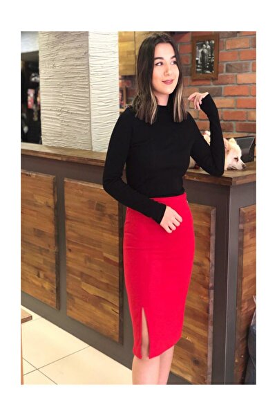 diaves Yırtmaçlı Kırmızı Kaşe Etek