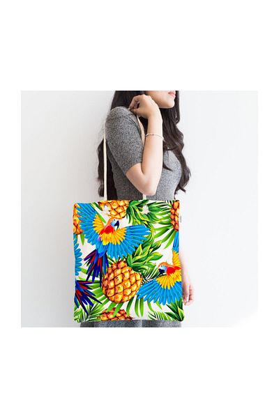 Realhomes Geantă din țesătură cu fermoar, cu model tropical de ananas, design special, imprimată digitală Canta-3497