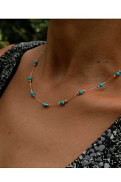 Reis Kuyumculuk Kadın Top Top Firuze Taşlı Sarı Altın Kolye T48.