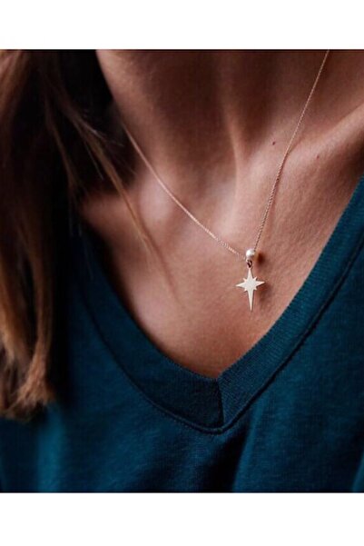 Reis Kuyumculuk Kadın Kutup Yıldızı İnci Taşlı Sarı Altın Kolye T517.