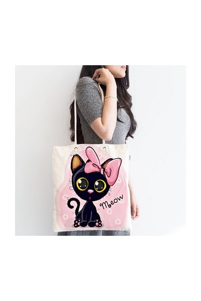 Realhomes Υφασμάτινη τσάντα Cute Cat Digital Printed με φερμουάρ Canta-829