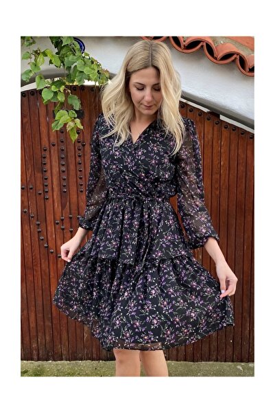 Simoki moda Kadın Çiçekli Kruvaze Elbise