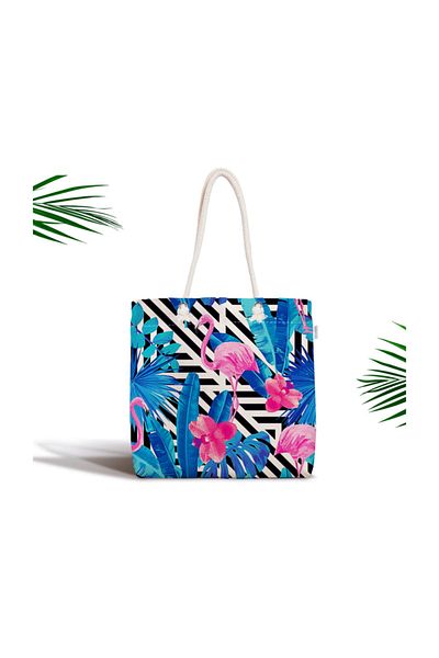 Realhomes Geantă din stofă cu fermoar cu imprimeu digital cu design geometric albastru roz Flamingo Canta-3389