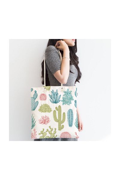 Realhomes Geantă din material textil cu fermoar, colorată, cu model de cactus-2089