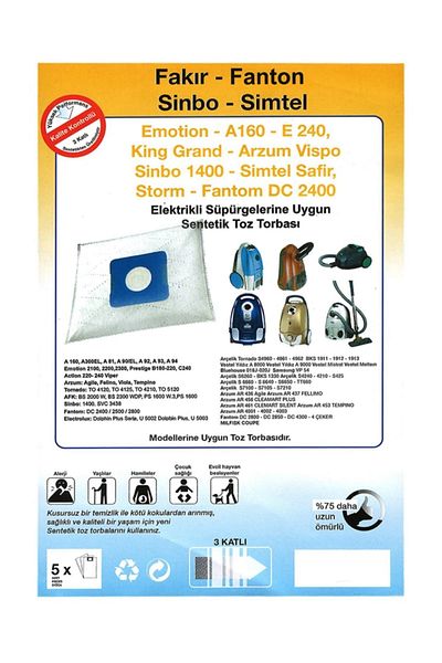Sinbo Svg 3438 - 1600 Watt Compatible 5 Pieces Vacuum Cleaner Cloth Dust Bags
