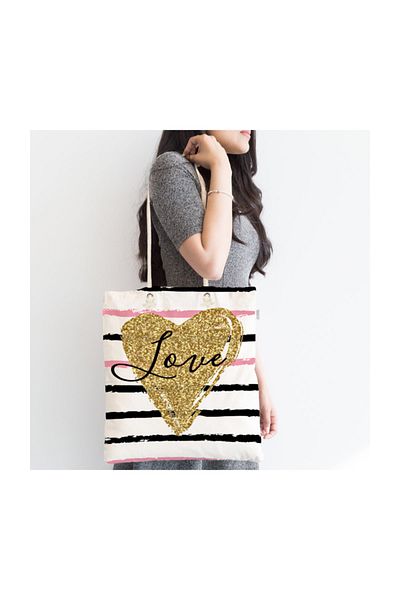Realhomes Love Gilt Heart Pattern Ψηφιακή τυπωμένη υφασμάτινη τσάντα με φερμουάρ Τσάντα-2131