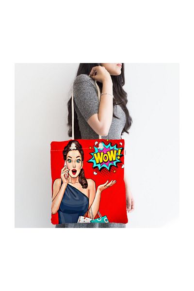 Realhomes Popart Wow Geantă modernă din material cu fermoar cu model și fundal roșu Canta-3281