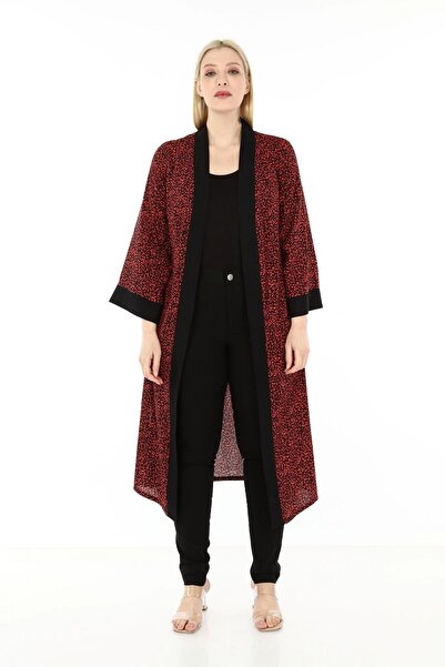 DISENTIS MODEST Şal Yaka Kuşaklı Yanları Yırtmaçlı Kırmızı Siyah Uzun Kimono