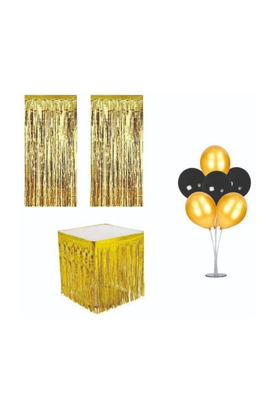 Parti Furyası Tasseled Metallized Gold Table Skirt + Wall Door Curtain + Balloon Stand