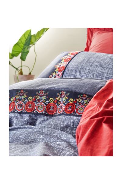 Cotton Box Çift Kişilik Ranforce Nevresim Takımı Folk Art Lacivert