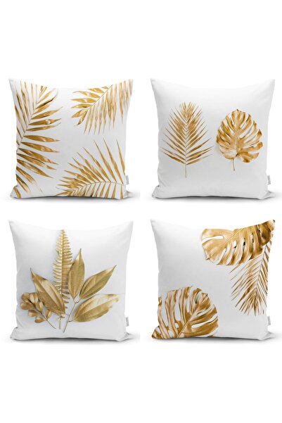 Realhomes Altın Varaklı Yaprak Desenli 4'lü Yastık Kırlent Kılıf Seti