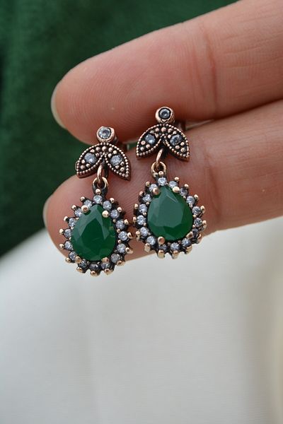 Stoneage Emerald And Zircon Stone Diamond Mounted Green Earrings