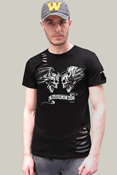 ROCKANDROLL Anđeo Đavo Crna Kratka Rukava Poderana T-shirt