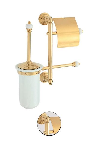 Maya Fantasia Pvd Gold Triple Set Covered Paper Holder + Spare Paper Holder + Porcelain Toilet Brush 100% Brass