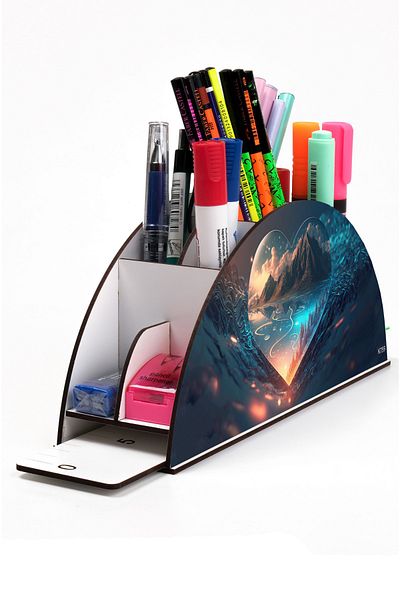 kutuTR Wooden VIP Aİ Model Series Desktop Pen Holder Organizer with Rainbow Ruler Assembled Box