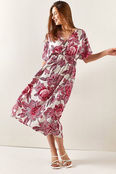 Olalook Women's Fuchsia Double Breasted Collar Waist Detailed Midi Linen Dress ELB-19001920