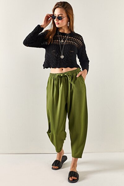 Olalook Kadın Haki Cepli Dikiş Detaylı Keten Şalvar Pantolon PNT-19000234