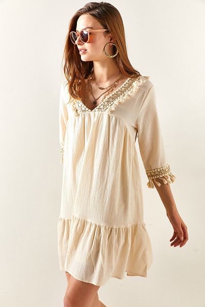 Olalook Women's Stone Guipure Detailed Lined Mini Linen Dress ELB-19001917