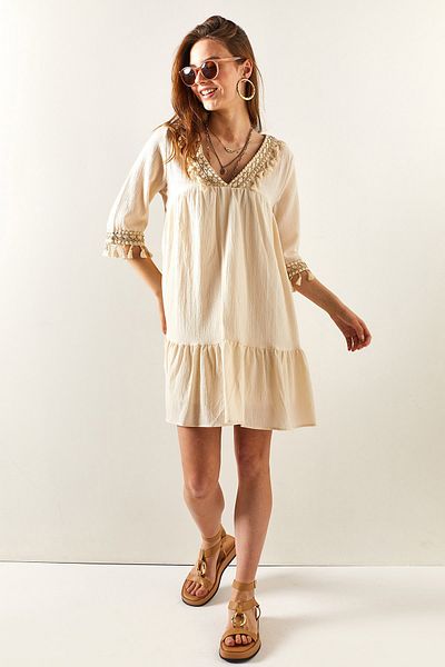 Olalook Women's Stone Guipure Detailed Lined Mini Linen Dress ELB-19001917
