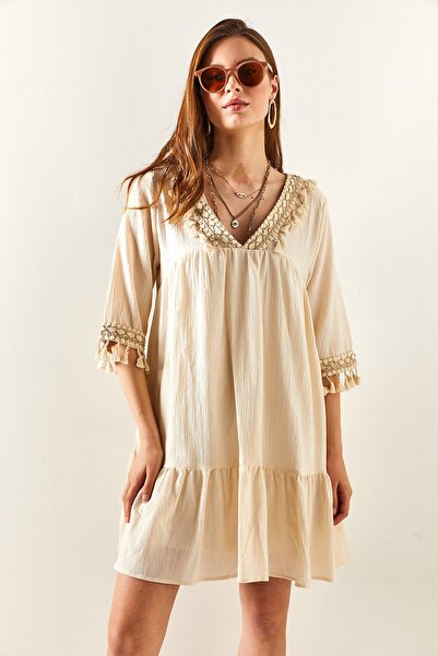 Olalook Women's Stone Guipure Detailed Lined Mini Linen Dress ELB-19001917