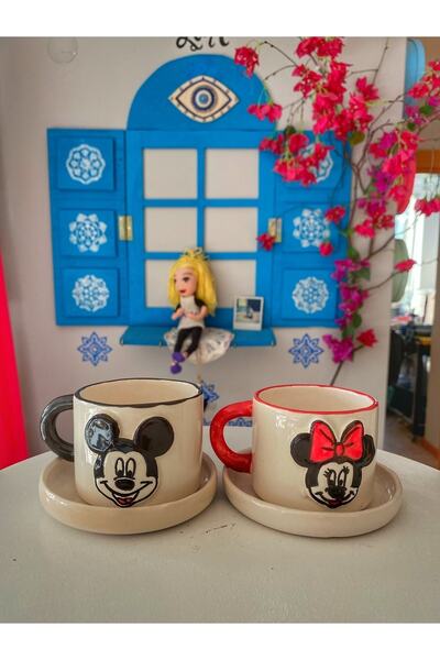 Banuart Minnie Ve Mickey El Yapımı Seramik Hediyelik 2’li Kahve Fincanı