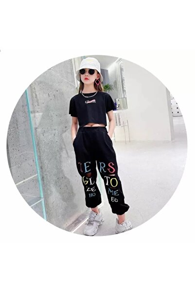 Machetta Kids Special Design Colored Printed Knee Ripped Detailed Short Sleeve Summer Girls Tracksuit Set