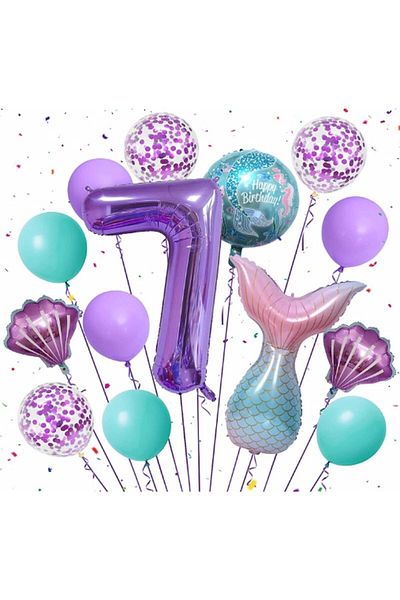 Parti Station Purple Color Mermaid Concept 7 Year Old Number Balloon Set Mermaid Themed Birthday Party Set