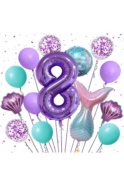 Parti Station Purple Color Mermaid Concept 8 Year Old Number Balloon Set Mermaid Themed Birthday Party Set