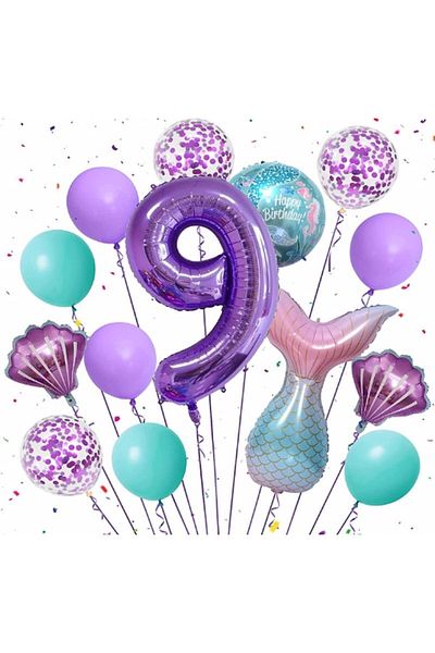 Parti Station Purple Color Mermaid Concept 9 Year Old Number Balloon Set Mermaid Themed Birthday Party Set