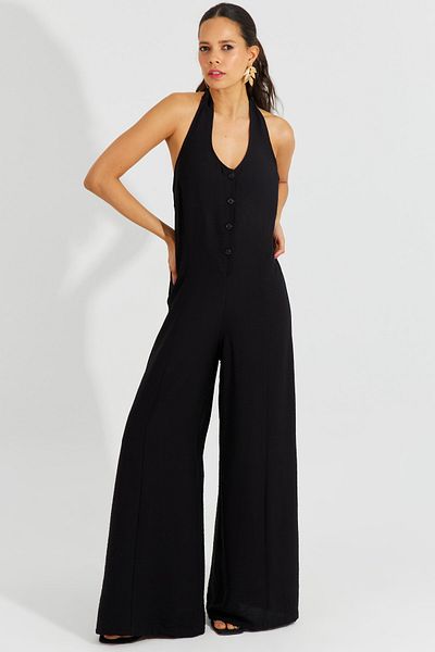 Cool & Sexy Salopetă neagră de damă, cu gât cu șalț Gimped largi BK1660