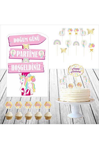 SİYAH PARTİ EVİ Unicorn Doğum Günü Masa Maketi Pasta Süsü Seti