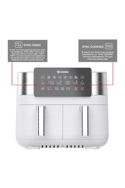 Yasomi Y80 Beyaz 8 Litre 2850w Çift Hazneli Ve Çift Motorlu Dokunmatik Airfryer Fritöz