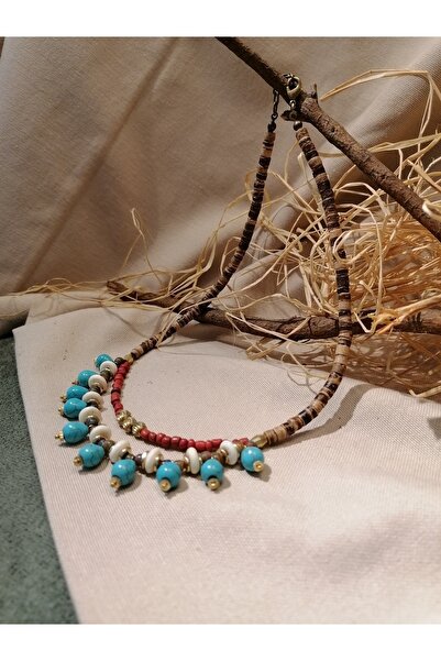 ALMOND DESIGN DOĞAL TAŞ, SERAMİK, PİRİNÇ, KOKONAT, KEMİK DİZİLİMLİ ETNİK-OTANTİK-BOHEM KADIN KOLYE - 46 cm